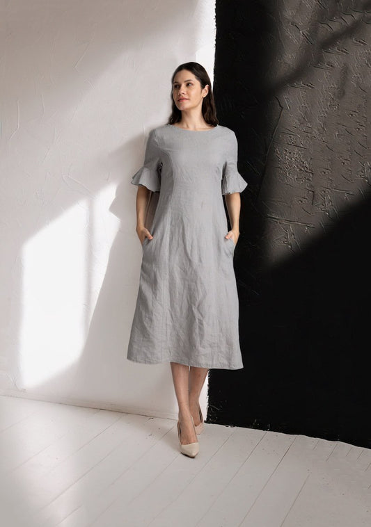 Linen Dress with Pockets | Gray Linen Dress | Midi-Ballerina Length | Short Ruffle Sleeve | Linen Dress for women | Linen Clothing | Dress