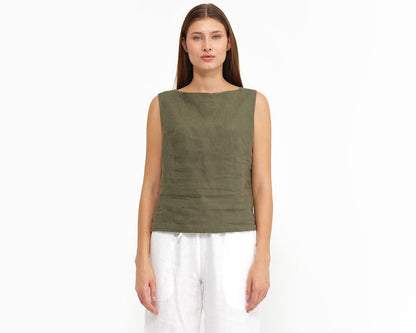 Linen Sleeveless Top | Women Linen Blouse | Green Linen Blouse Top | Linen Tank Top | Linen Tops | Blouses For Women | women's clothing