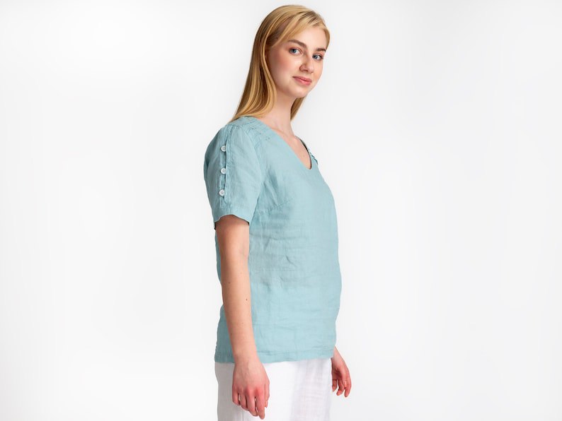 Blue Linen Blouse | Short Sleeve Linen Blouse | V Neck Blouse | Linen Tops | Loose Clothing | Linen Clothing | 100% linen | Women's clothing