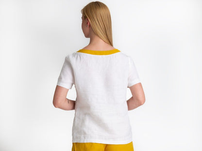 Linen Blouse | White Yellow Striped | V Neck Blouse | Short Sleeve | Blouses For Women | Linen Tops | 100% linen | women's clothing