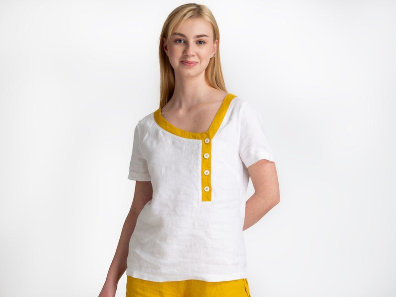 Linen Blouse | White Yellow Striped | V Neck Blouse | Short Sleeve | Blouses For Women | Linen Tops | 100% linen | women's clothing