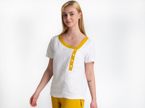 Linen Blouse | White Yellow Striped | V Neck Blouse | Short Sleeve | Blouses For Women | Linen Tops | 100% linen | women's clothing